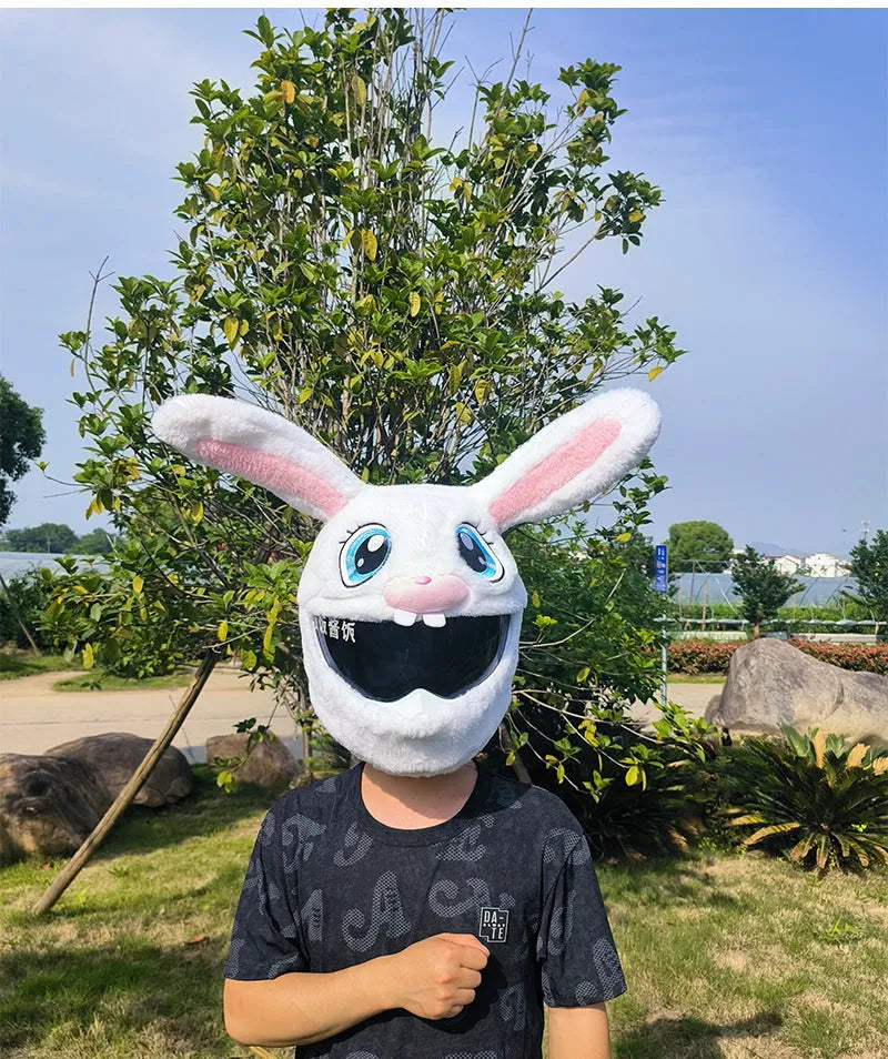 Decorative rabbit head helmet cover in long eared white design for electric motorcycle commuting
