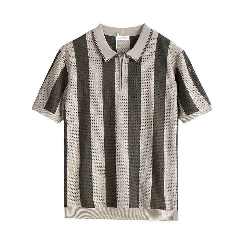 Man wearing a striped short sleeve ice silk sweater with a zipper decoration detail.