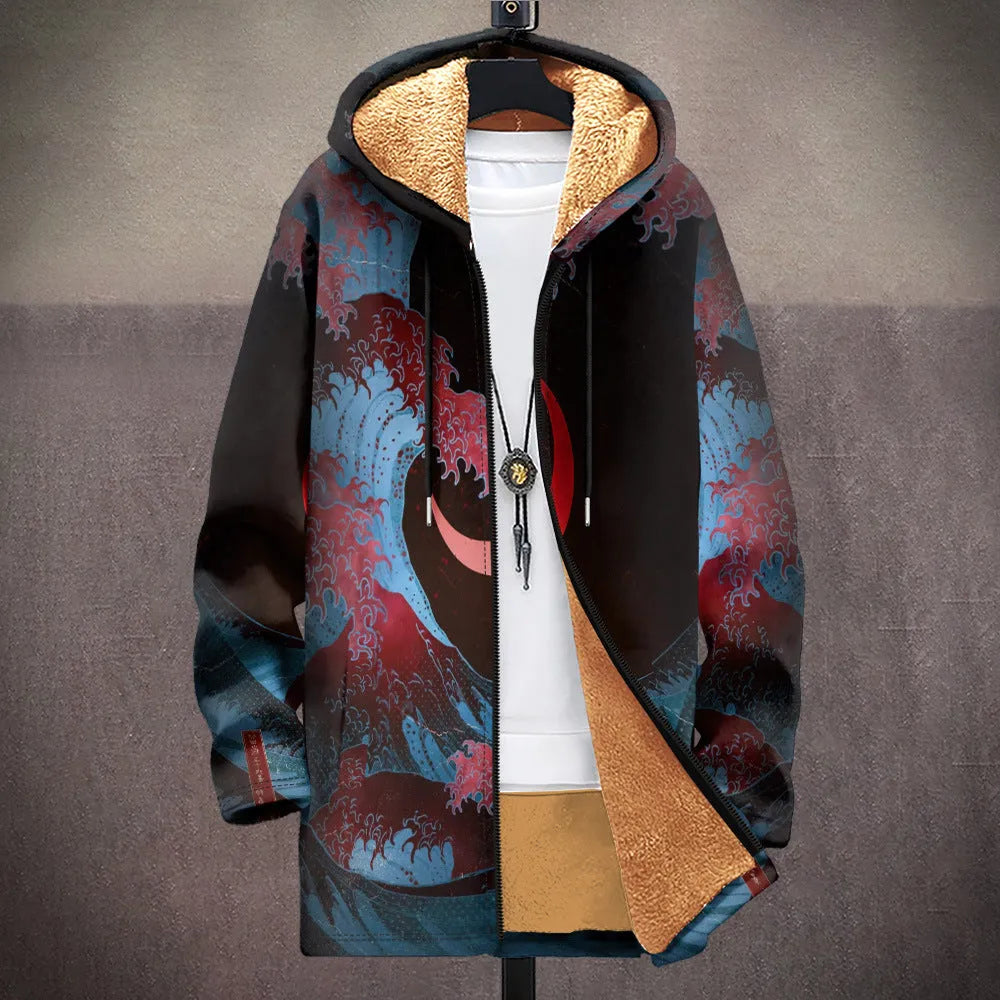 Man wearing a loose fit, multicolour print hooded cardigan with a front zipper.