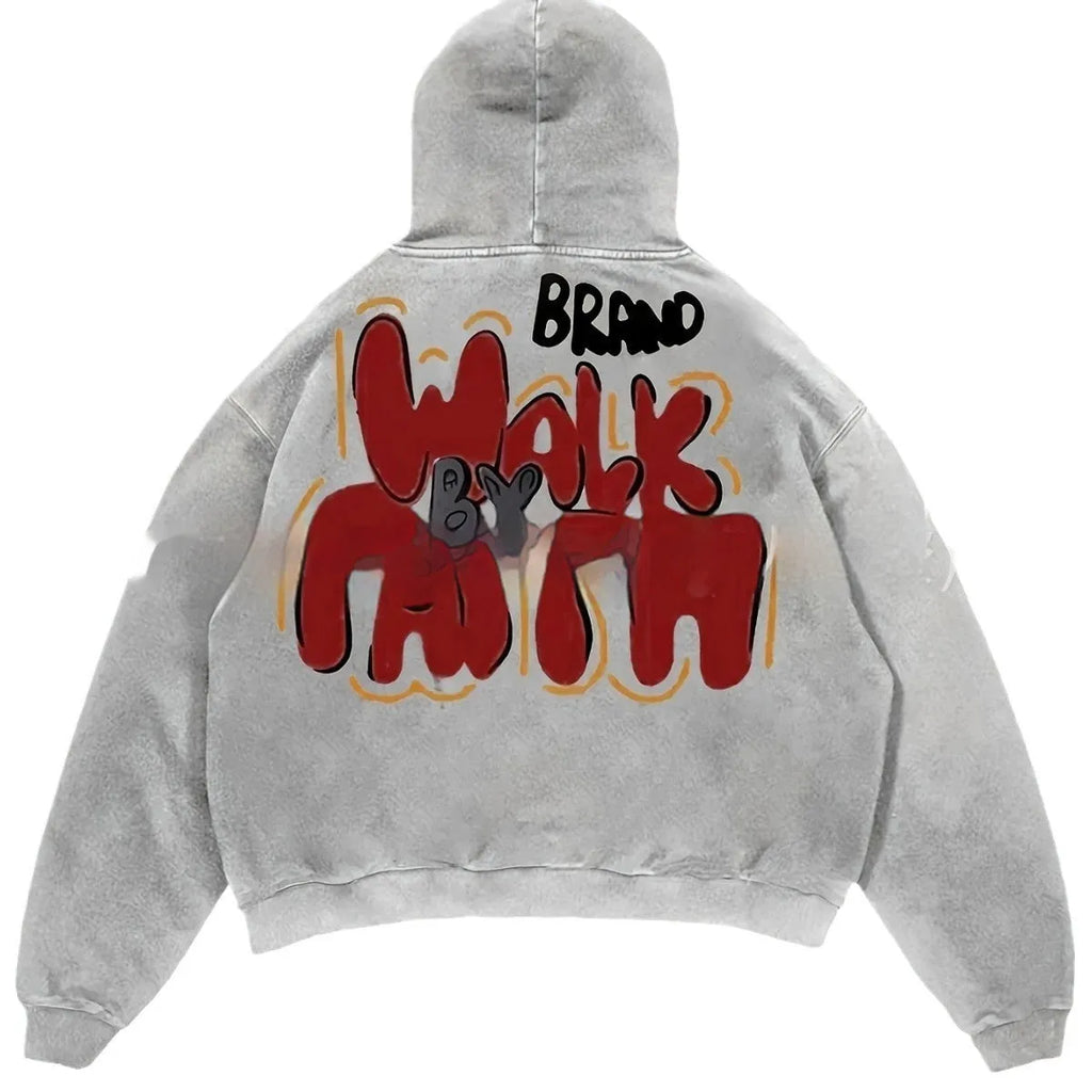 Granny Grey Harajuku character print hoodie with front pocket and long sleeves