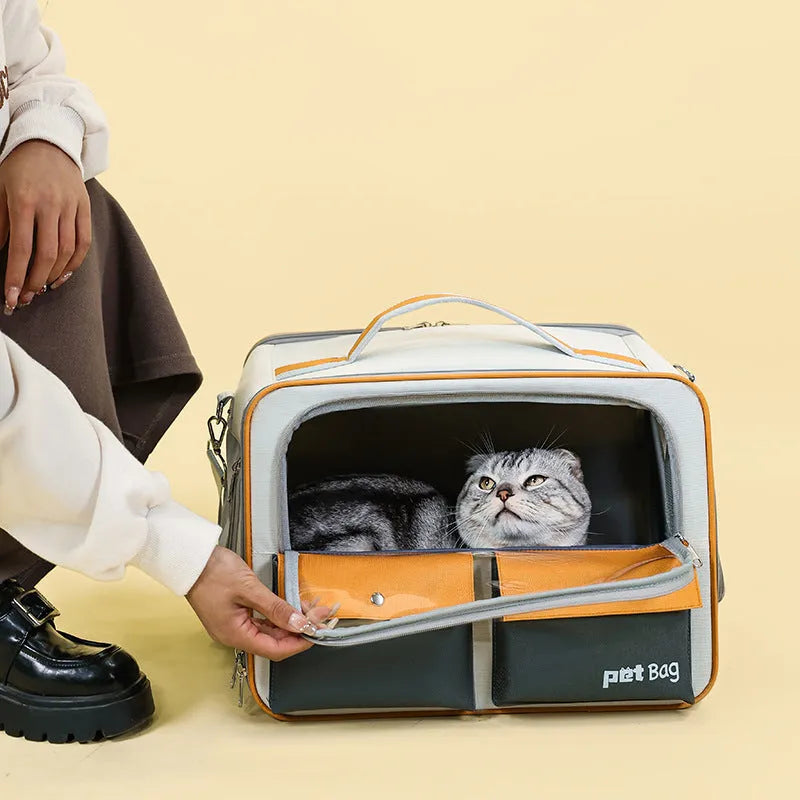 Portable nylon outdoor cat carrier backpack in brown with pull rod and foldable design