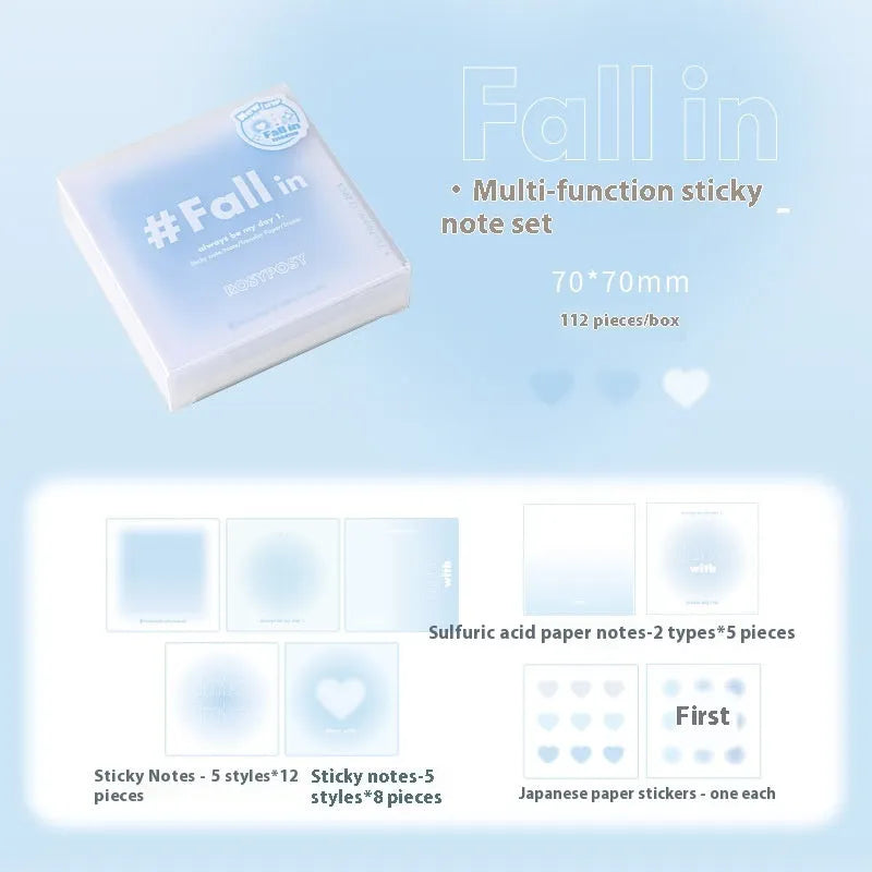 Square 70mm multifunctional notepad with gradient colour cover, showing sticky notes and parchment inner pages.