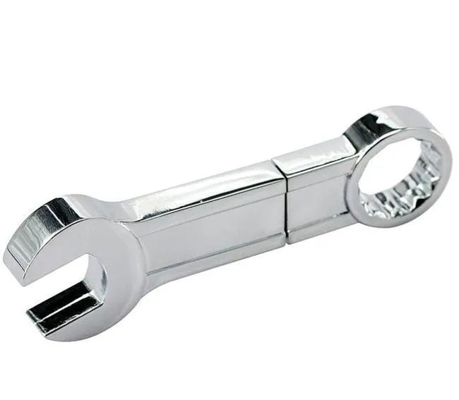 Metal wrench-shaped USB flash drive with double-headed plum blossom design in white colour