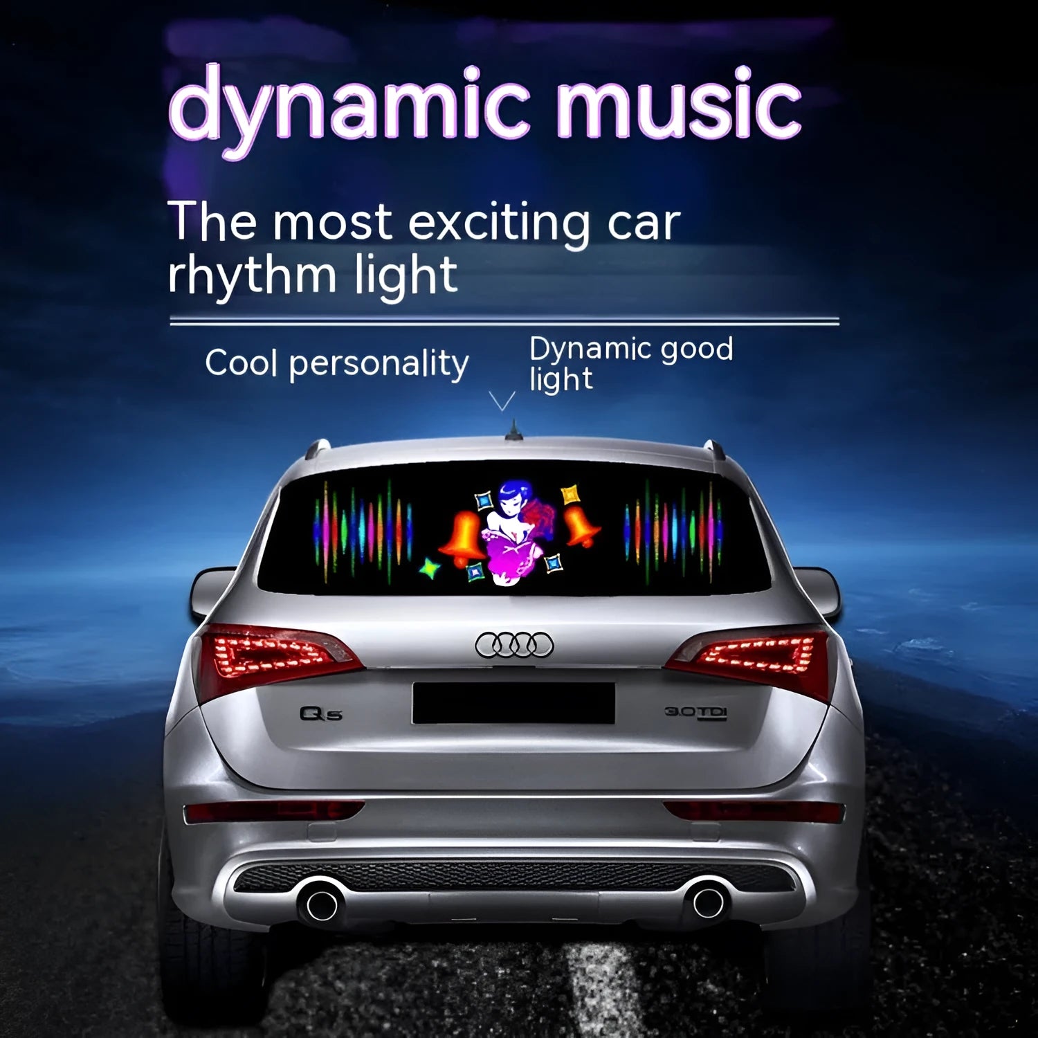 Car interior voice-controlled rhythm light displaying one of its 16 electroluminescent patterns on a 90 by 25 cm panel.