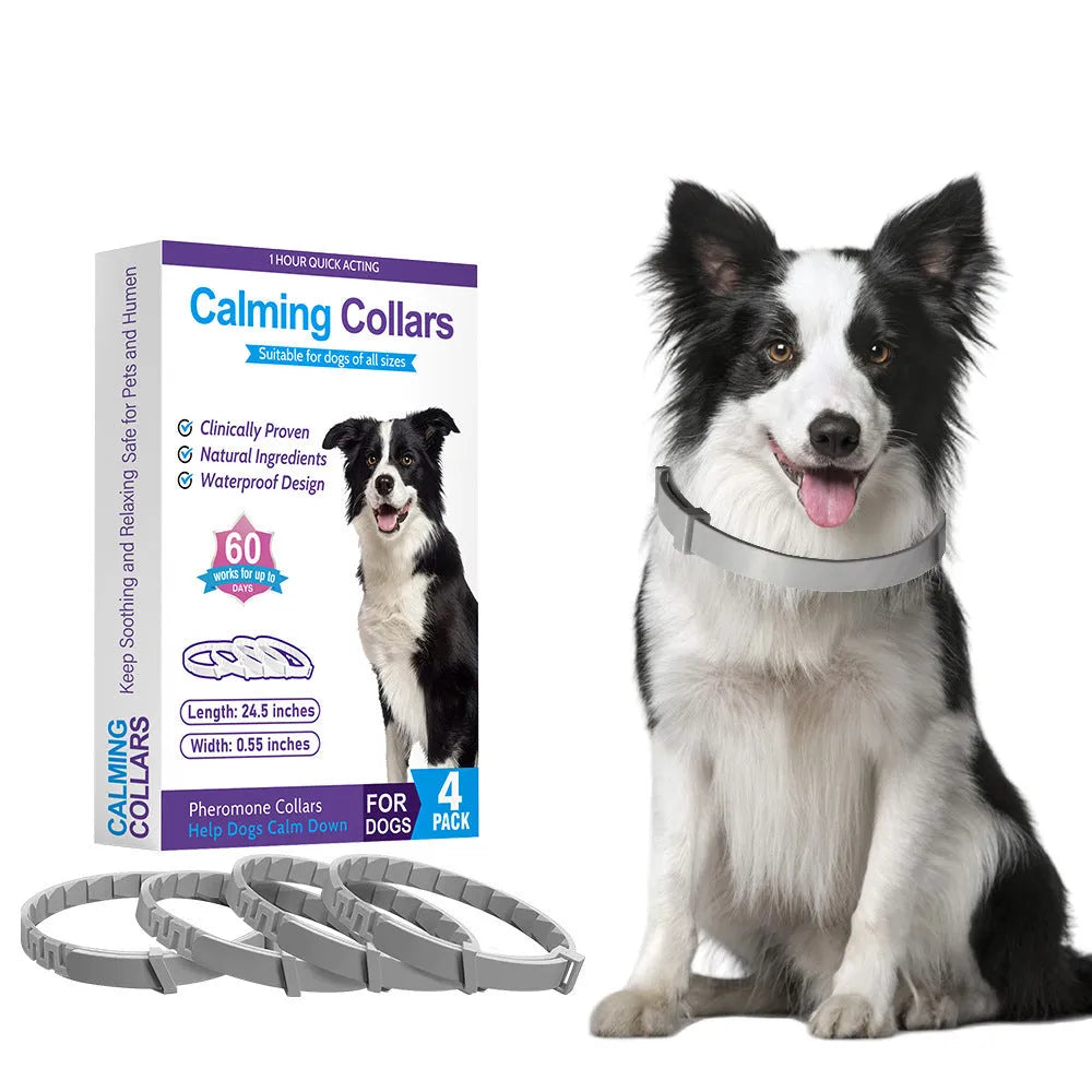 Four dog anxiety relief collars in assorted colours with 62cm length and monochrome Chinese pattern
