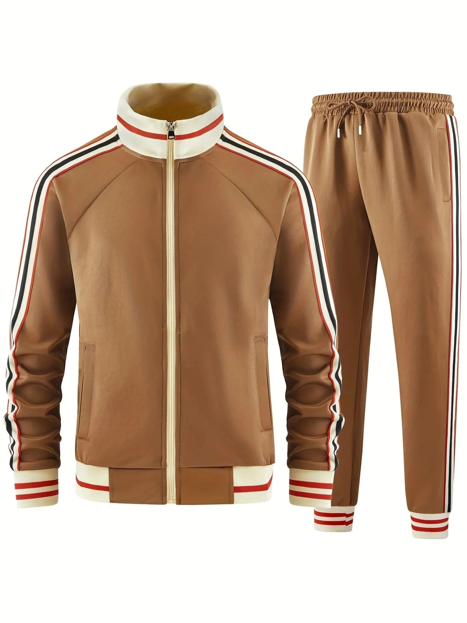 Man wearing a khaki turtleneck zipper cardigan and matching trousers from a two-piece street style suit.