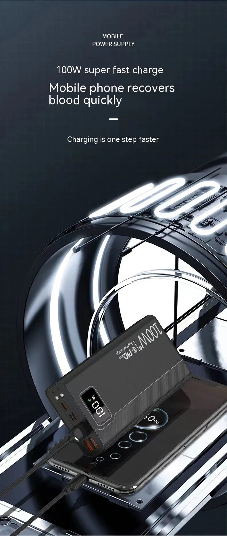 Large capacity power bank in black or white plastic housing with dimensions from 150×76×30mm to 150×76×50mm