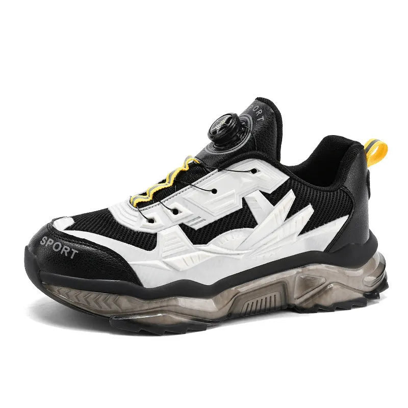 Men's black rotating button casual sneakers with mesh upper and platform sole
