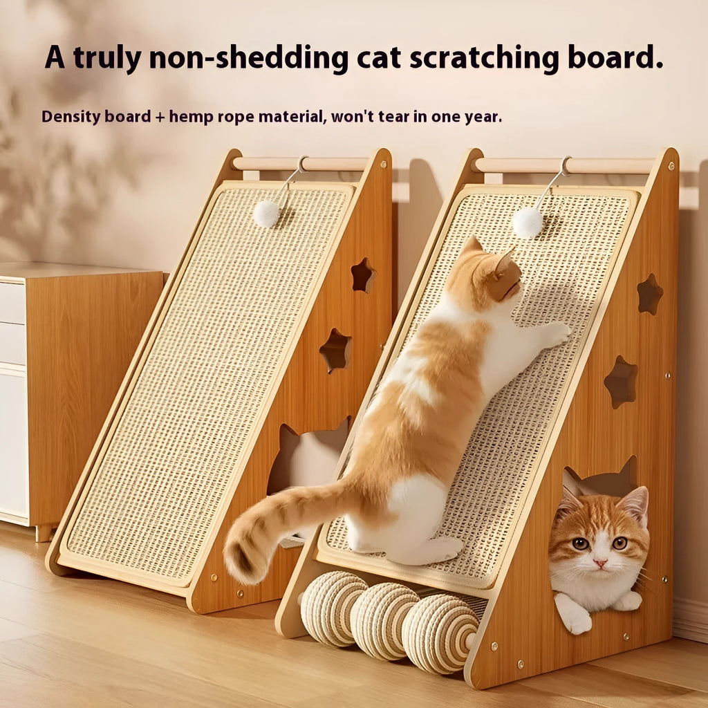 Vertical sisal cat scratch board with wall mounting and cat teasing ball design