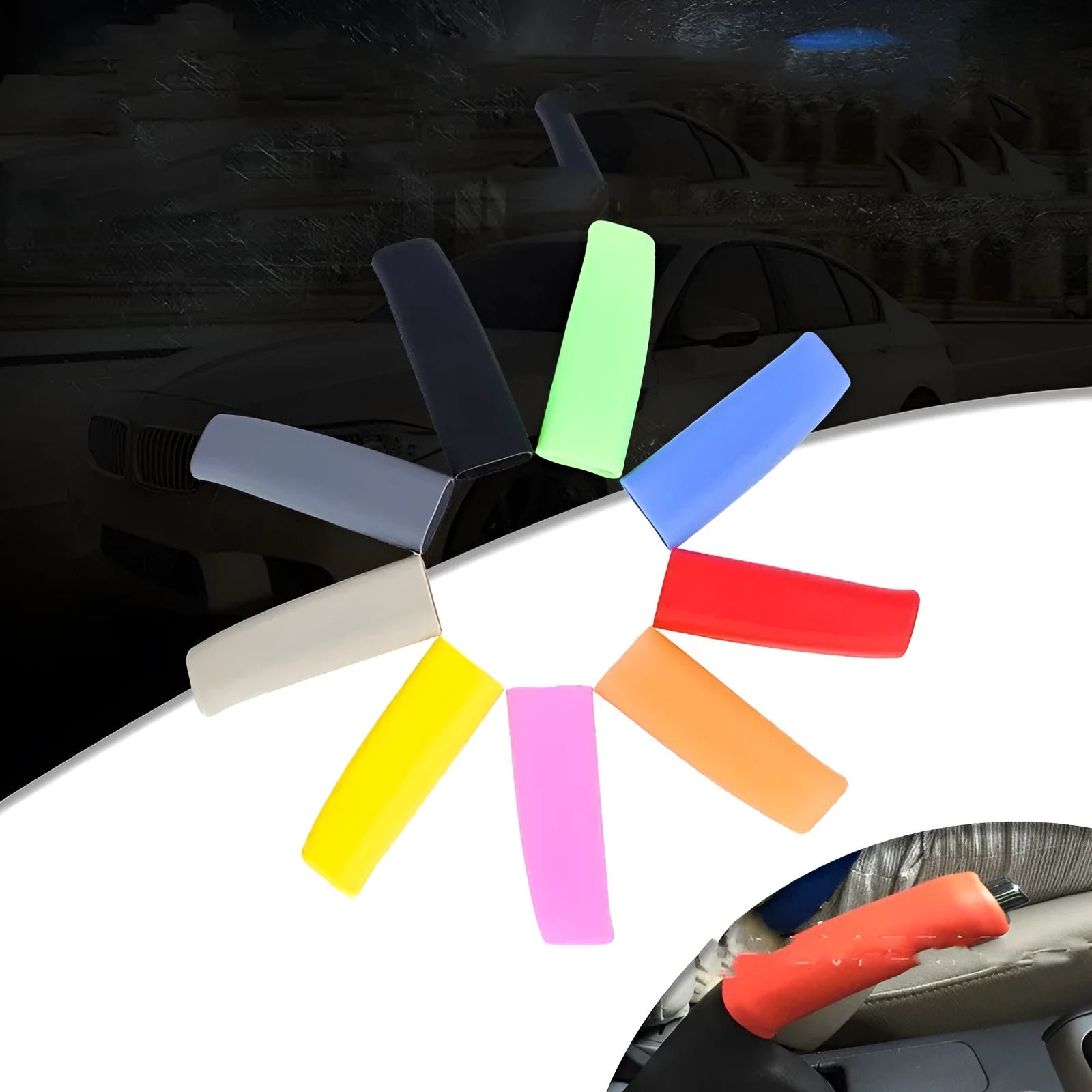 Universal silicone handbrake sleeve for cars in five colours: black, grey, beige, red, and blue.