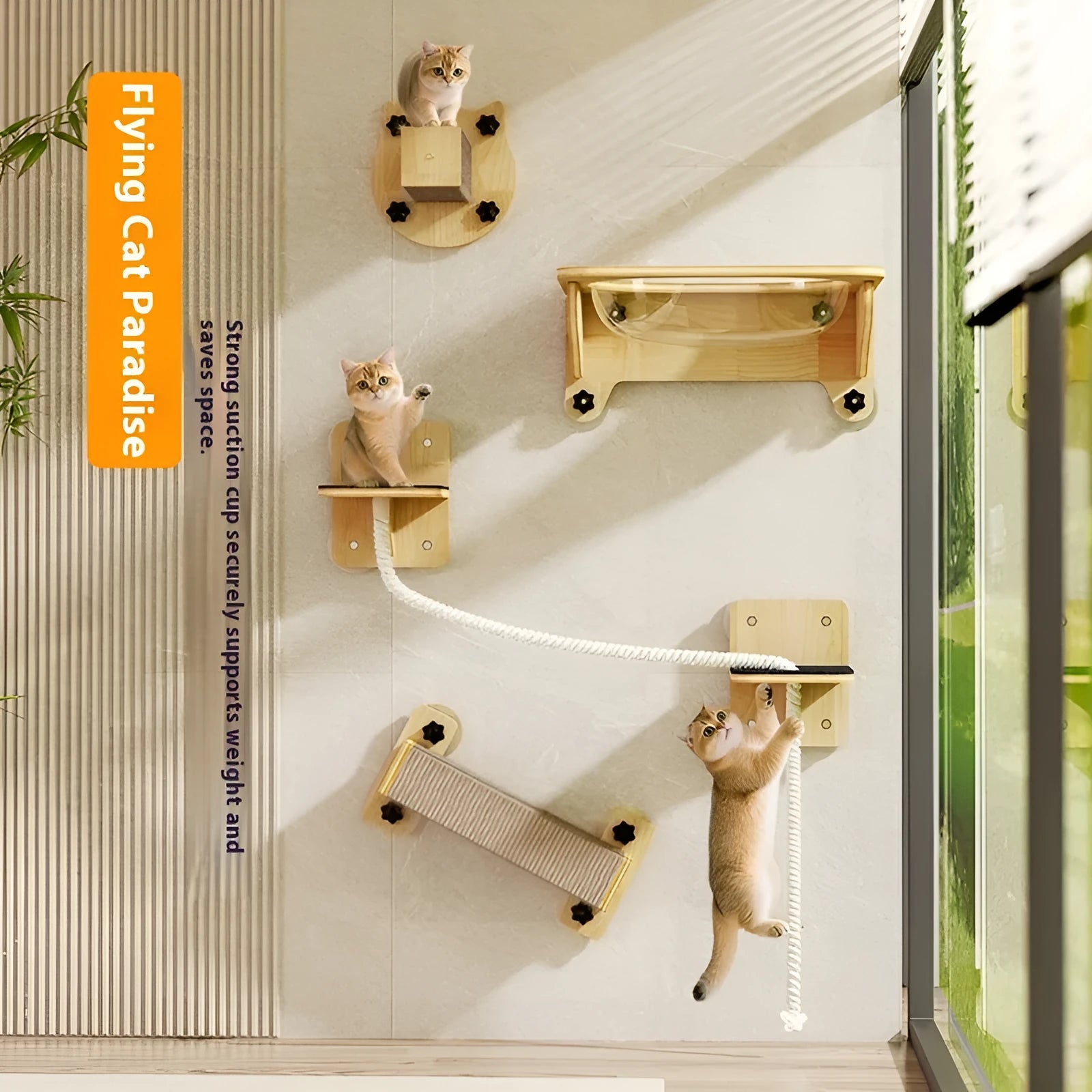 A space capsule style cat scratching post made of sisal with hanging rope lanyards.