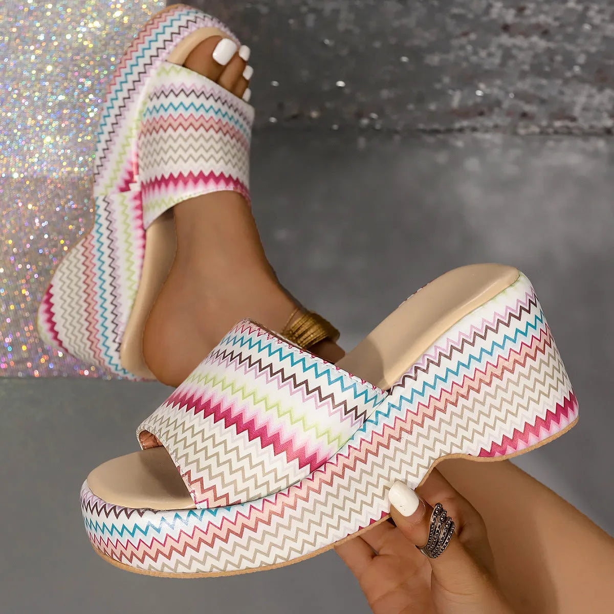 Women's colourful wave print wedges sandals with thick rubber sole and fish mouth toe