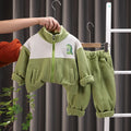 Children's casual plaid fleece-lined jacket and trousers suit in green, black, beige, and brown options