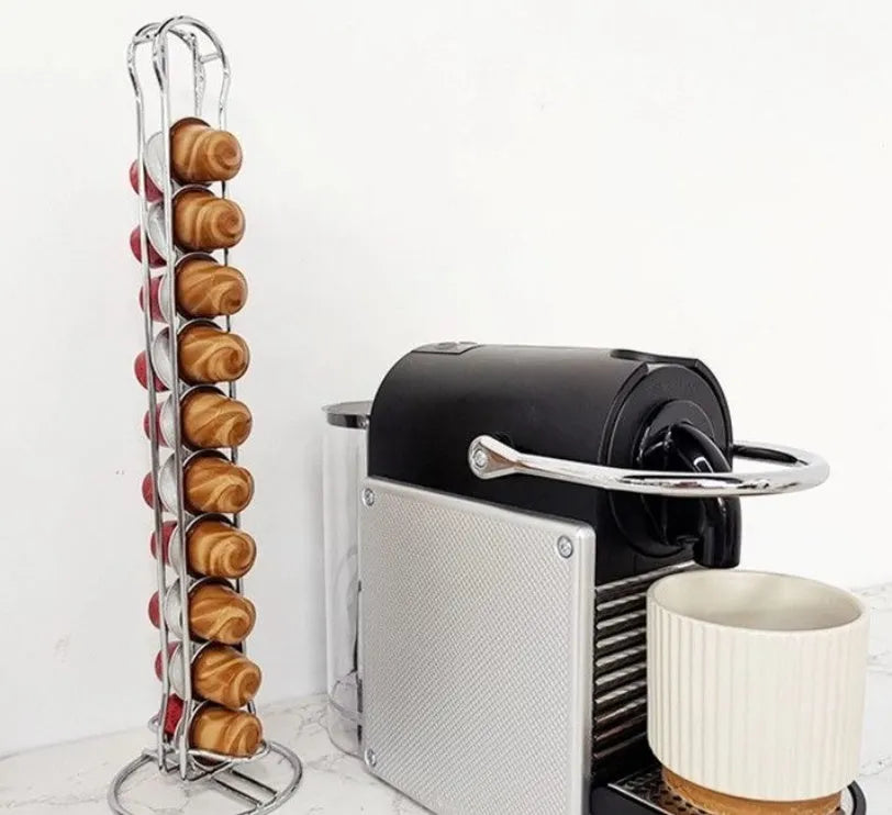 Wrought iron coffee capsule storage rack holding 20 pods in spray black or silver finish