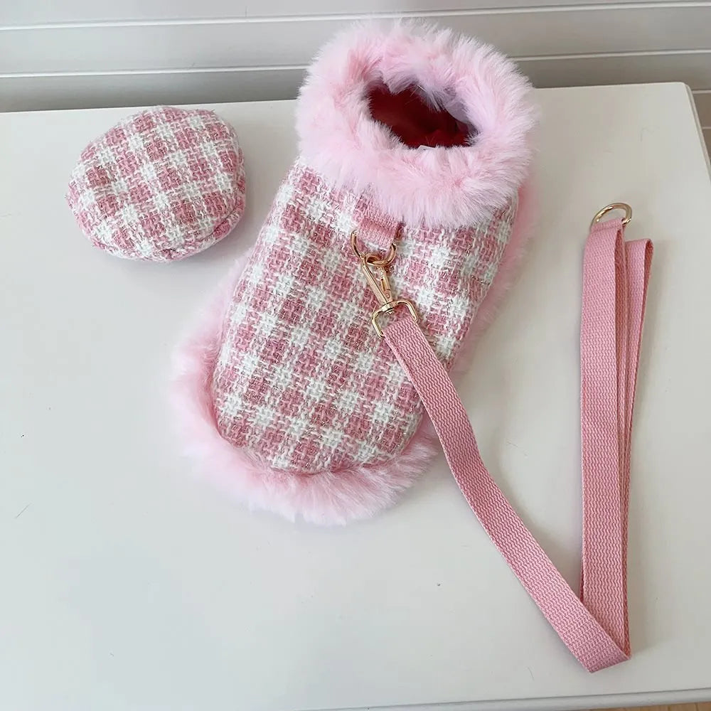 Pink cat cape and beret set with hand holding rope for chest and back coverage