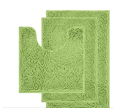 Chenille bathroom carpet three-piece set showing U-shaped toilet mat and two rectangular rugs in green.