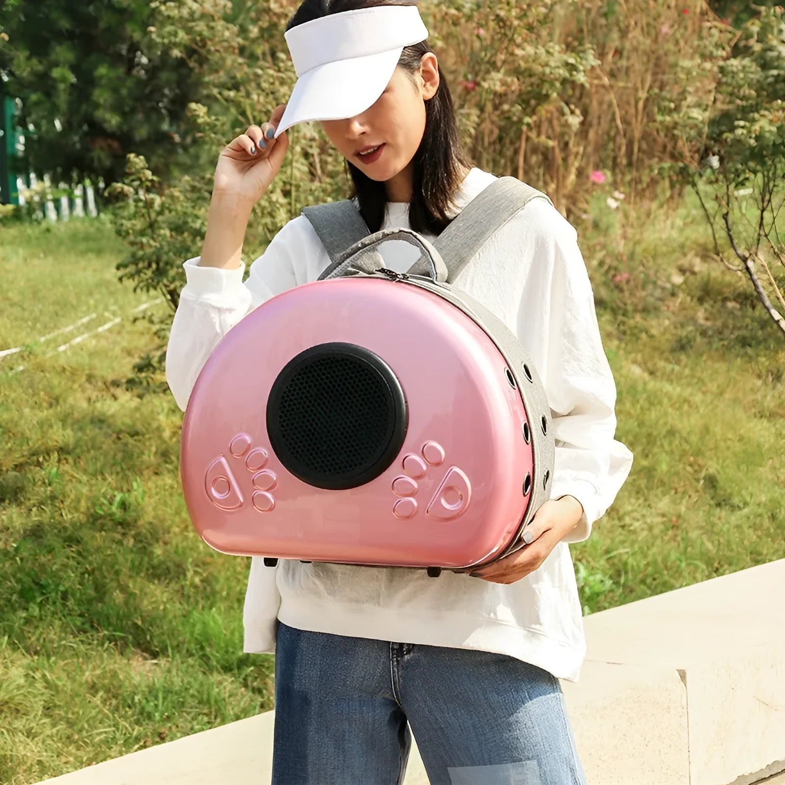 Transparent space capsule design cat carrier bag in a choice of rose gold, silver or champagne gold colour.