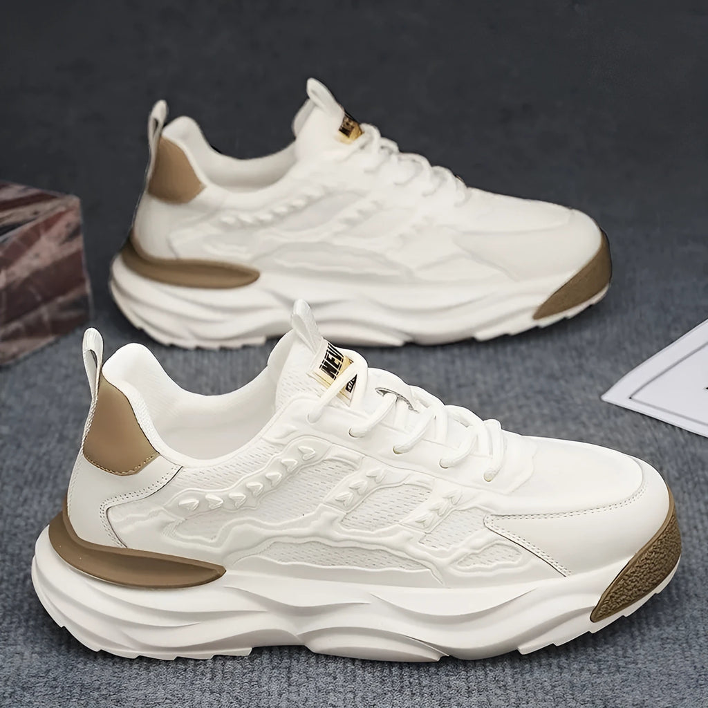 Men's solid colour trainer shoes with PU mesh upper in white or black on a plain background