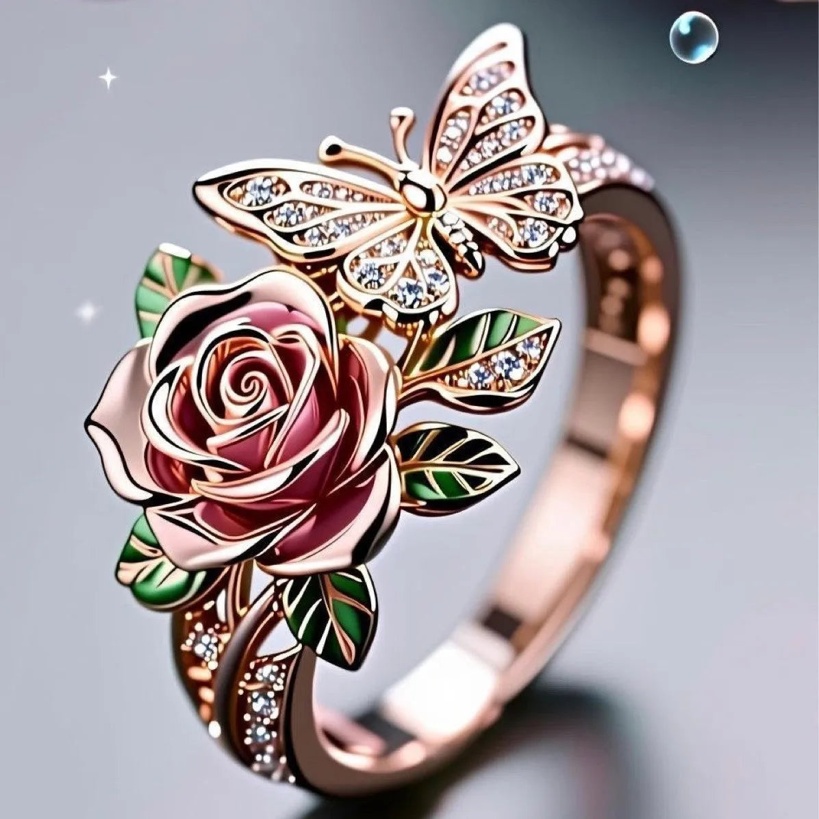 Adjustable butterfly personality ring with colourful oil drip effect and rose flower detailing