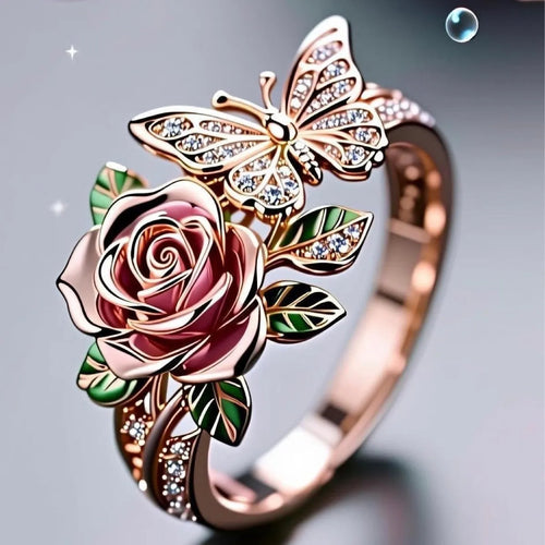 Adjustable butterfly personality ring with colourful oil drip effect and rose flower detailing