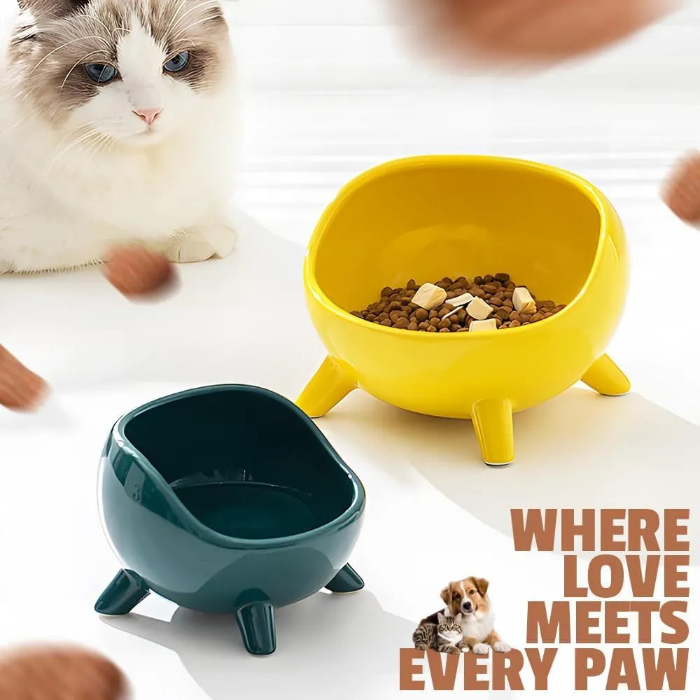 Green ceramic pet food bowl with four-legged stability design for cats and small dogs