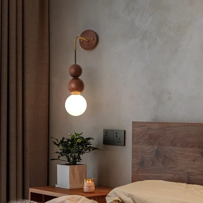 Natural walnut wooden wall suspension lamp with copper accents and tri-colour lighting
