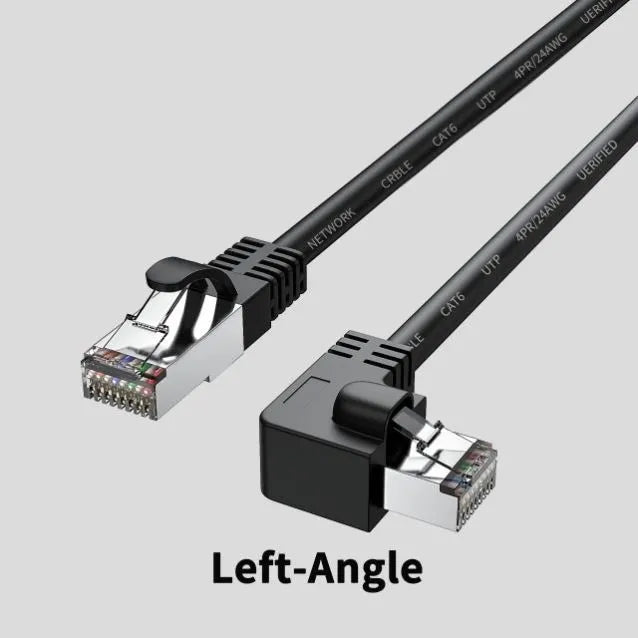 Right-angle Cat6 Ethernet cable with RJ45 connector in various colour options