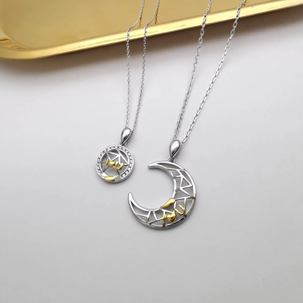 Sun moon couple necklace with copper pendants, electroplated finish and cross chain for men and women