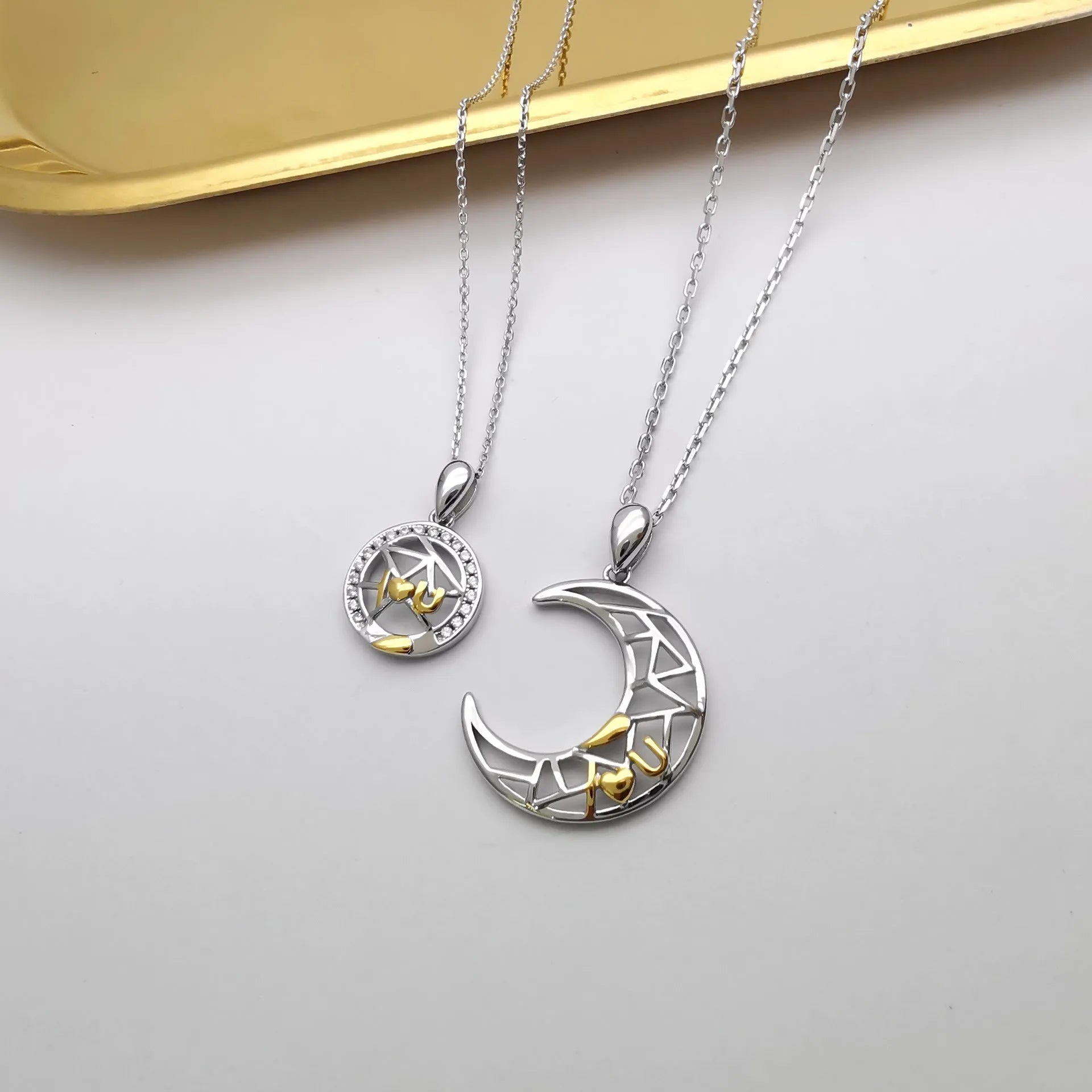 Sun moon couple necklace with copper pendants, electroplated finish and cross chain for men and women