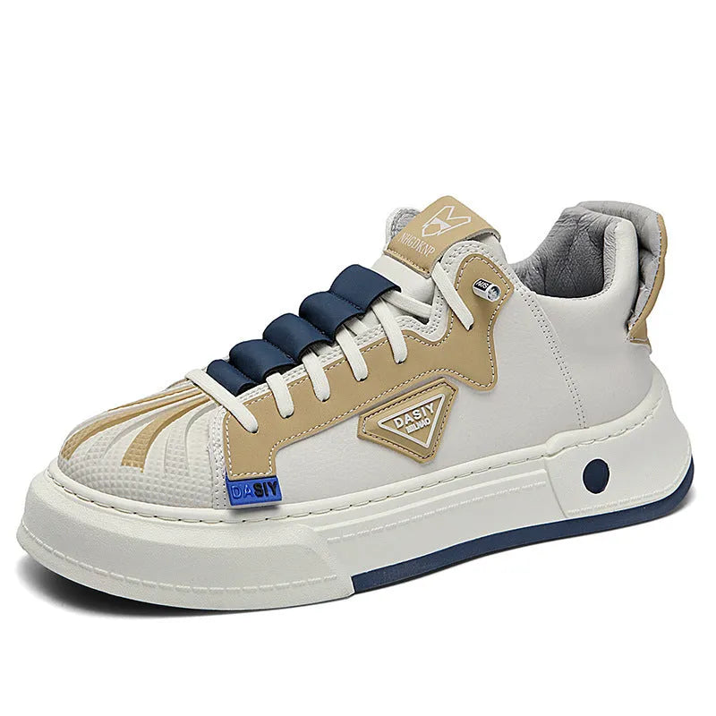 Men's beige low-top casual sneakers with elastic band and round toe, showing leather stitching detail.