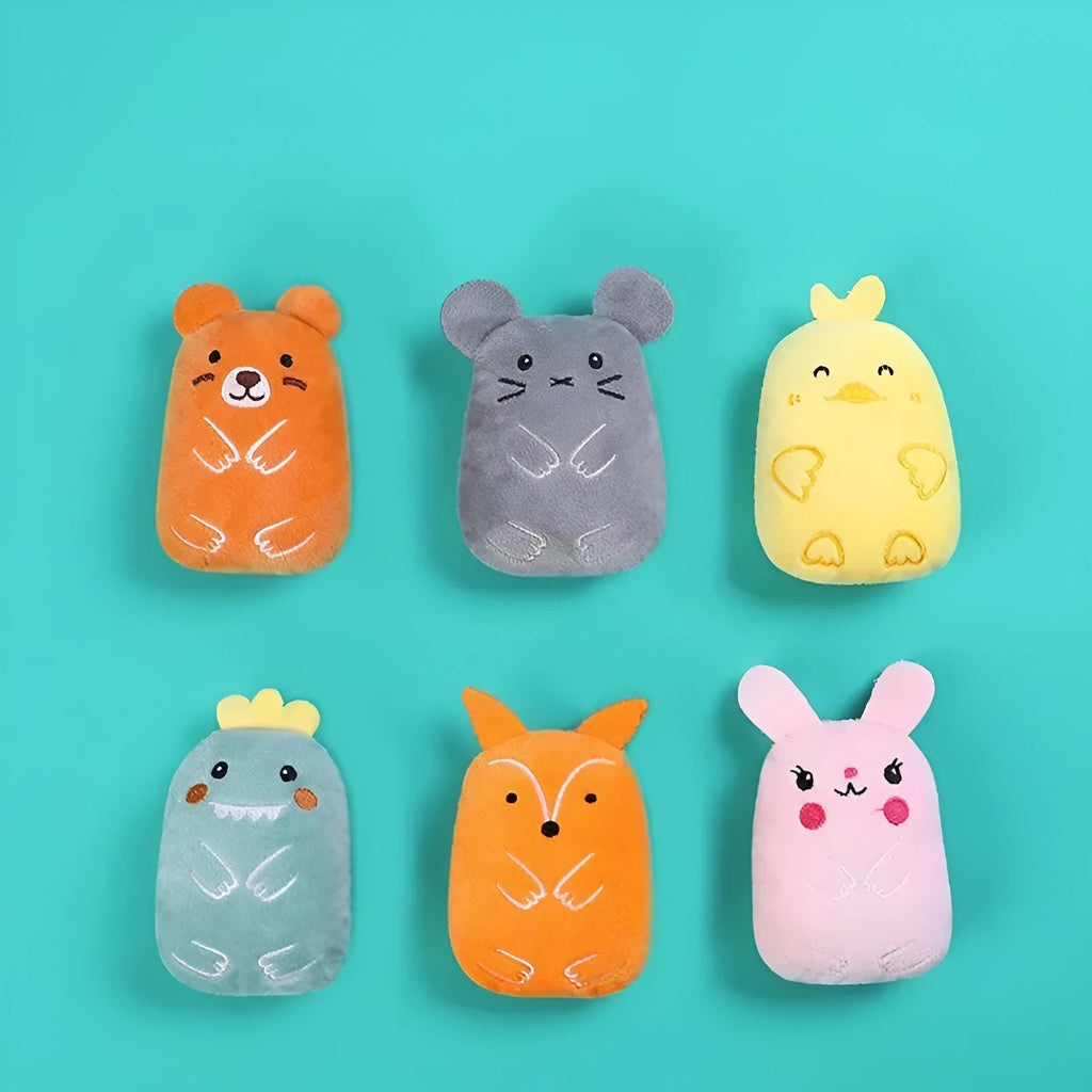 Small brown plush cat toy with catnip filling and squeaker for chewing and interactive play