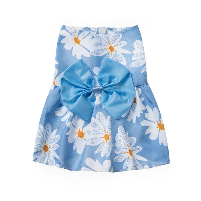 Orange bow floral butterfly knot ultra-thin polyester dress on a small dog.