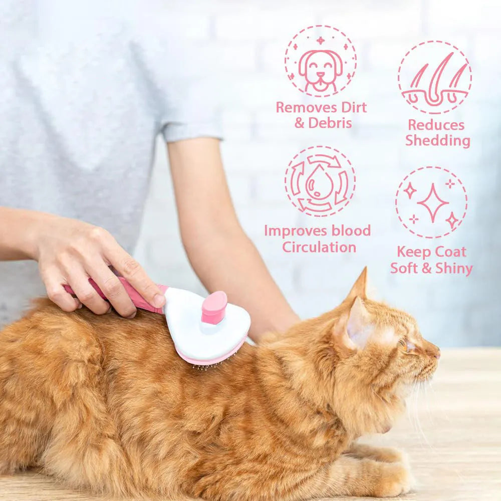 Blue cat grooming brush with a release button and fine wire bristles for removing loose pet hair.