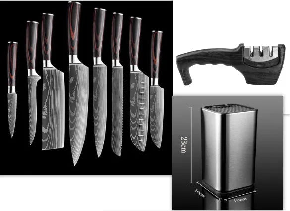 Kitchen chef knife with laser Damascus pattern on 7CR17 stainless steel blade and colour steel handle