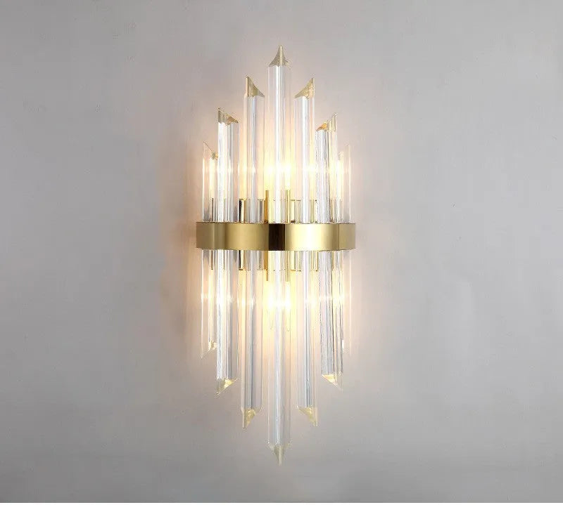 Modern petal-shaped crystal wall lamp with titanium finish in living room setting