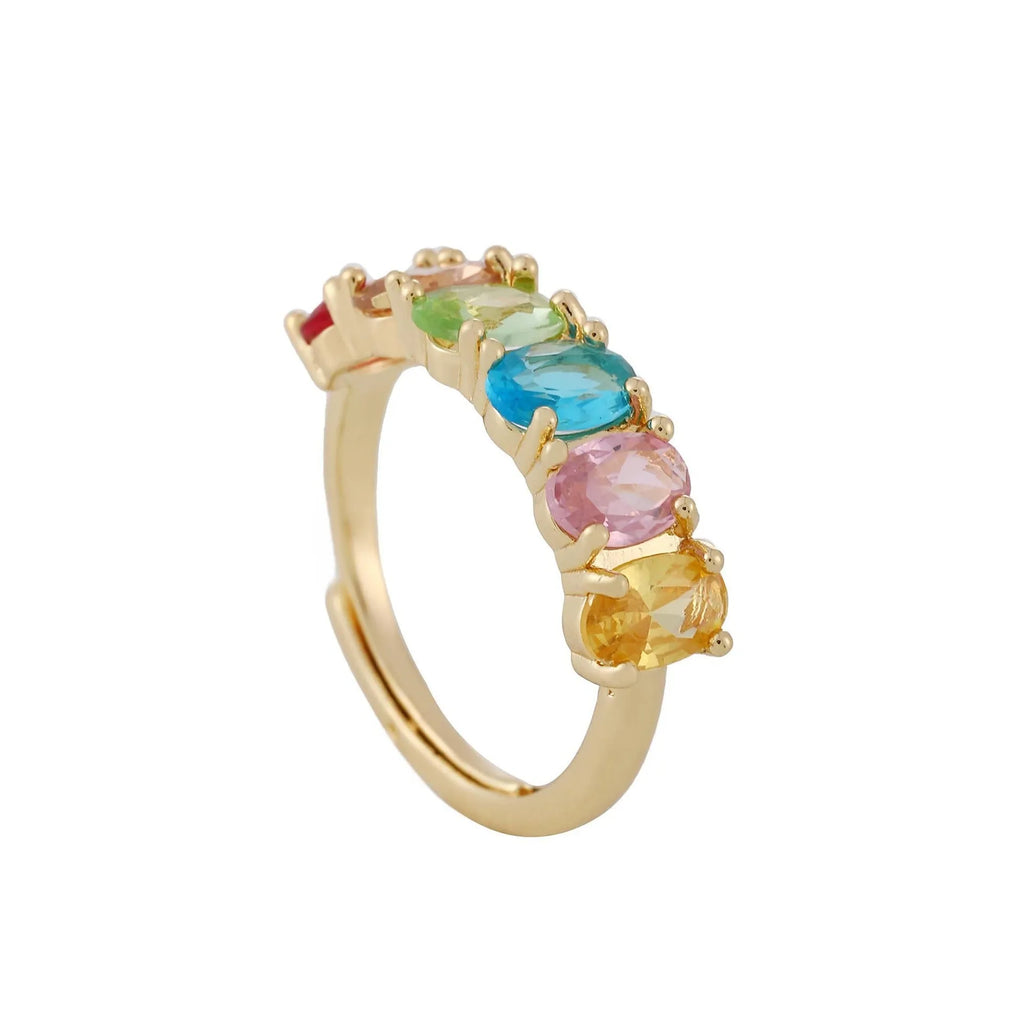 Gold electroplated adjustable women's ring with simple retro colour zircon on copper band