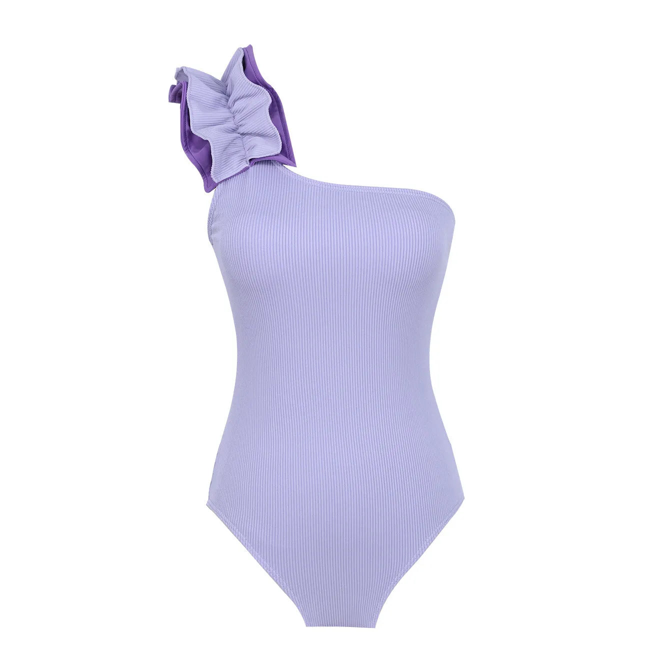 Single-shoulder high waist one-piece swimsuit for women in solid colour.