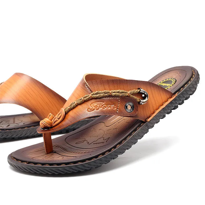 Men's black casual PU leather slippers with a non-slip sole, shown on a plain background.
