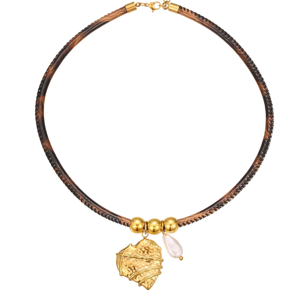 Women's leopard print geometric stainless steel necklace with 18K gold plating on adjustable chain