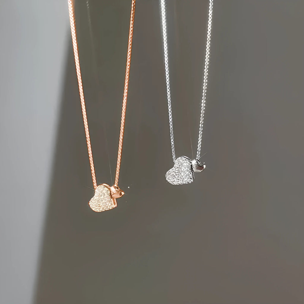 Double love geometric copper pendant necklace on clavicle chain, white gold finish