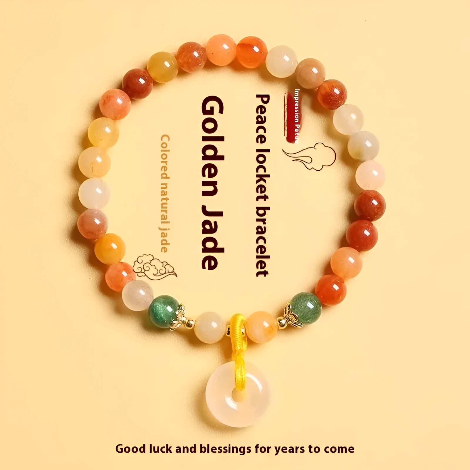 Natural jinsi jade bracelet with peace clasp showing agate and strawberry quartz beads