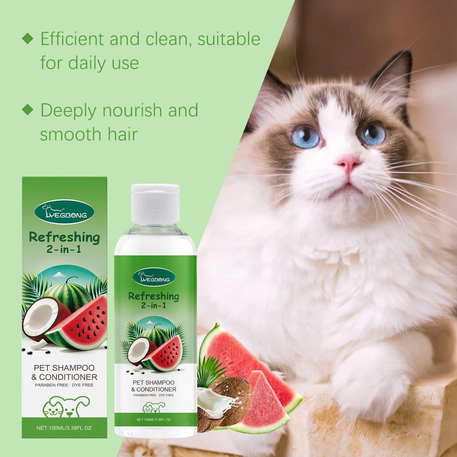 100ml bottle of pet 2-in-1 shampoo shower gel with watermelon and coconut extracts