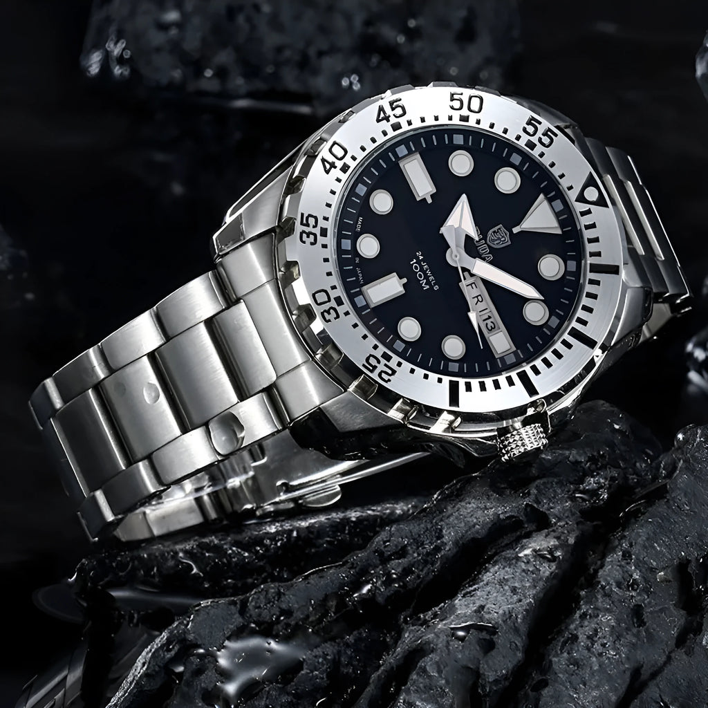 Men's waterproof quartz watch with luminous hands showing blue dial and steel bracelet option