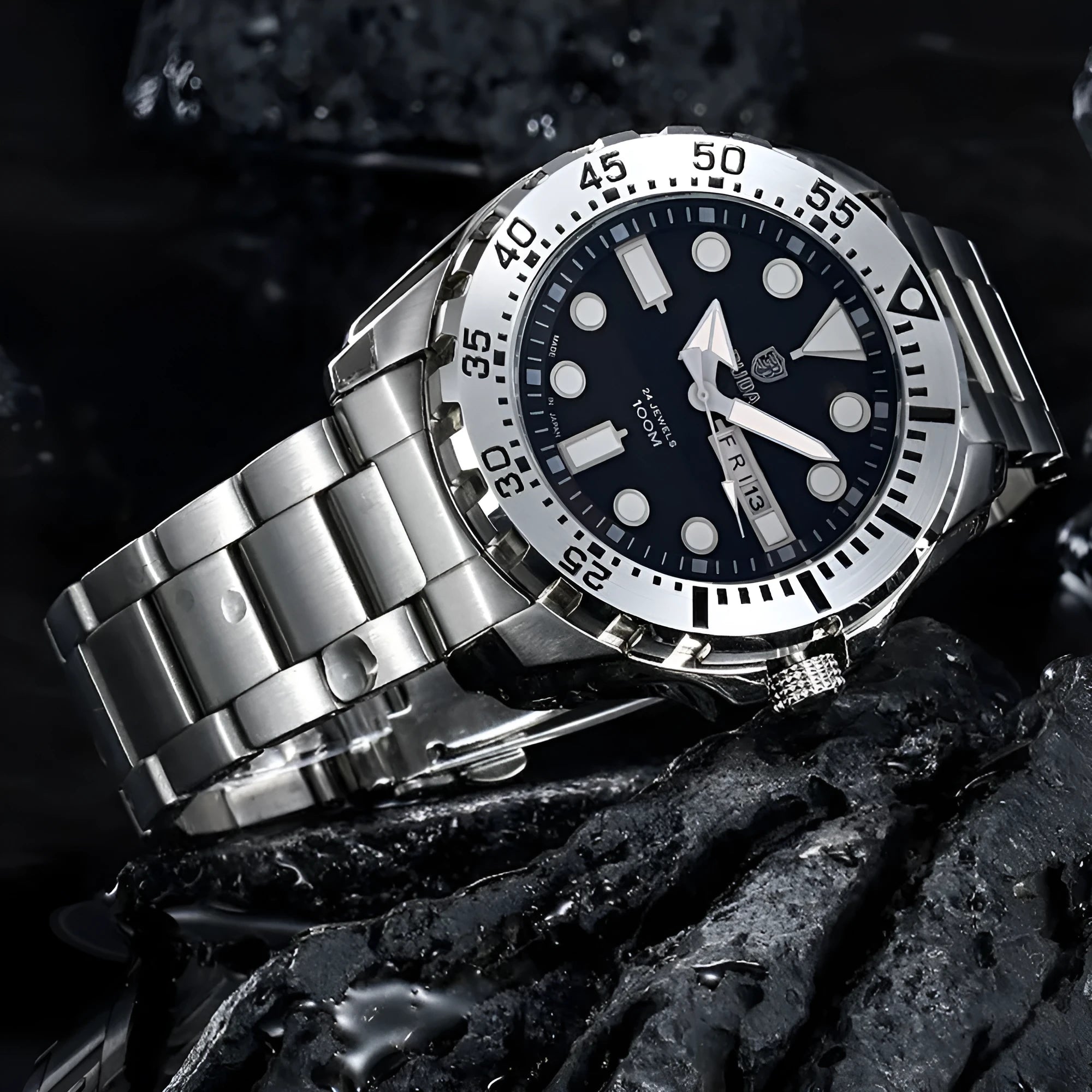 Men's waterproof quartz watch with luminous hands showing blue dial and steel bracelet option