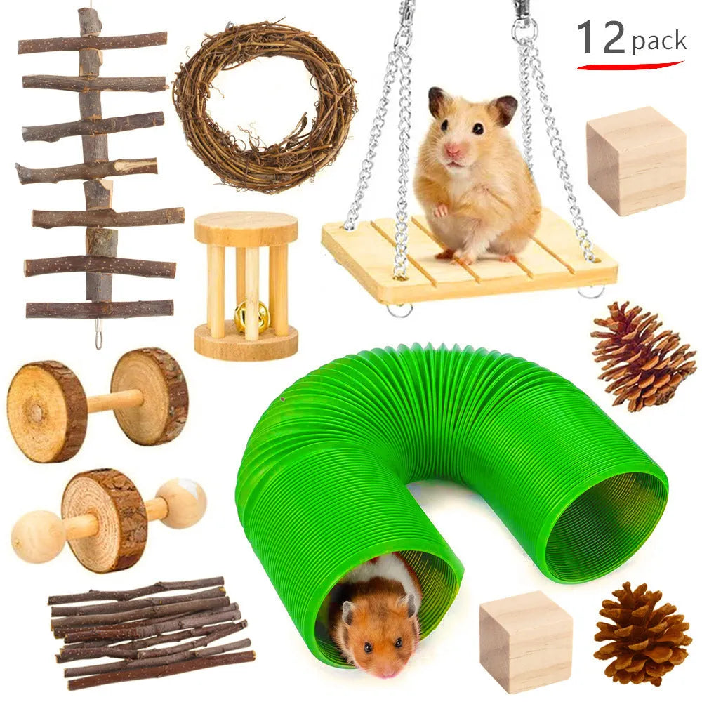 Assortment of natural wooden and woven grass toys for rabbits, guinea pigs, and parrots