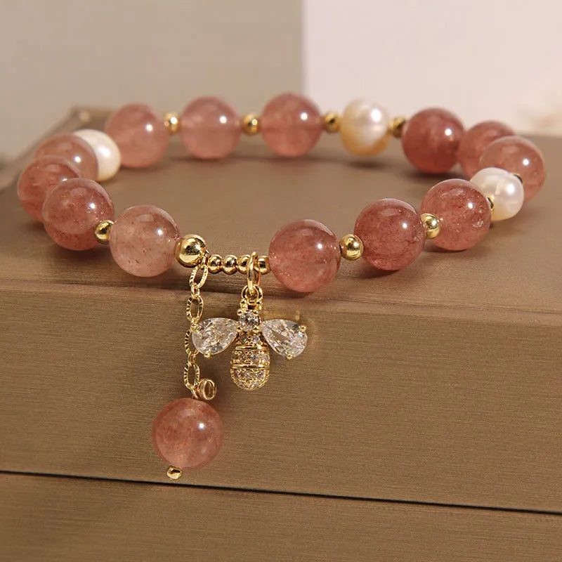Freshwater pearl and strawberry quartz bracelet for women with zircon accents on alloy links