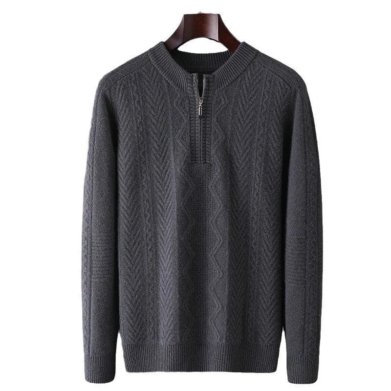 Men's grey diamond pattern wool sweater with half zip front and long sleeves