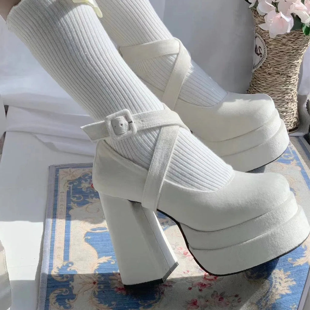Women's suede lace-up Mary Jane high heels with buckle fastening in black, white, and pink