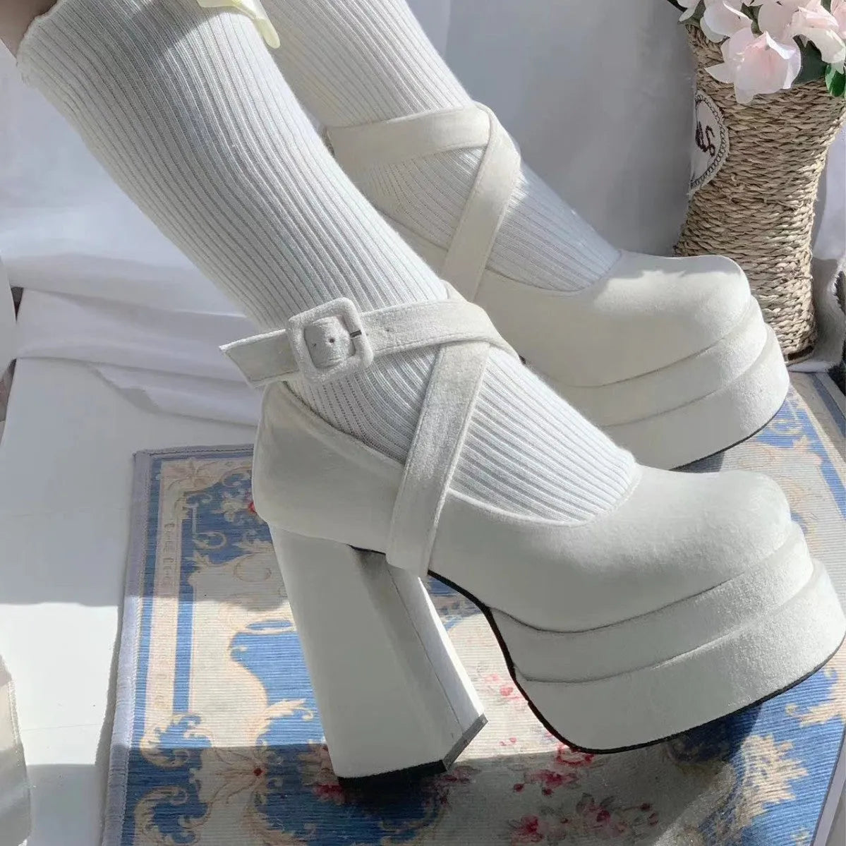 Women's suede lace-up Mary Jane high heels with buckle fastening in black, white, and pink