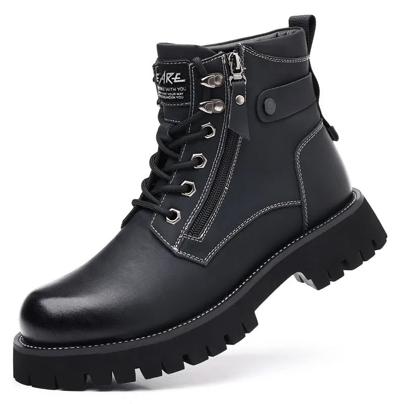 Men's brown high-top Martin boots with side zipper, round toe, and mid-calf length